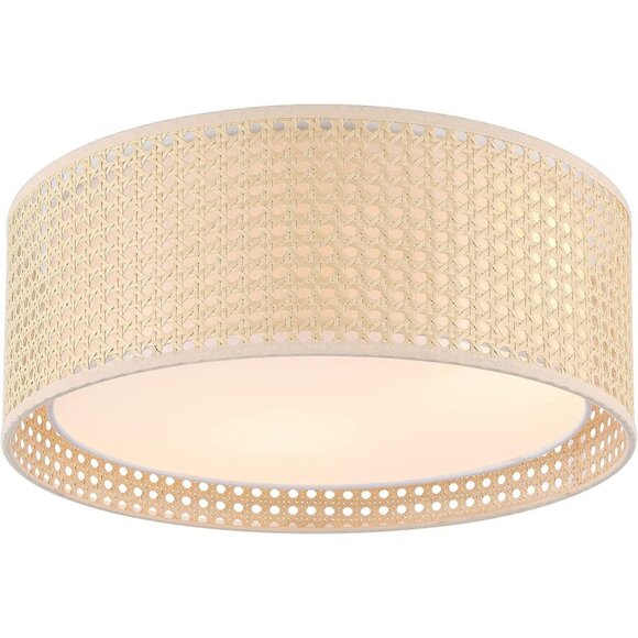 New WINGBO 20" Flush Mount Ceiling Light Fixture Rattan Fabric Double Drum - Picture 1 of 9